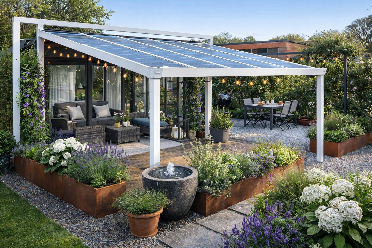 Gemütlicher Garten mit Pergola und Essbereich